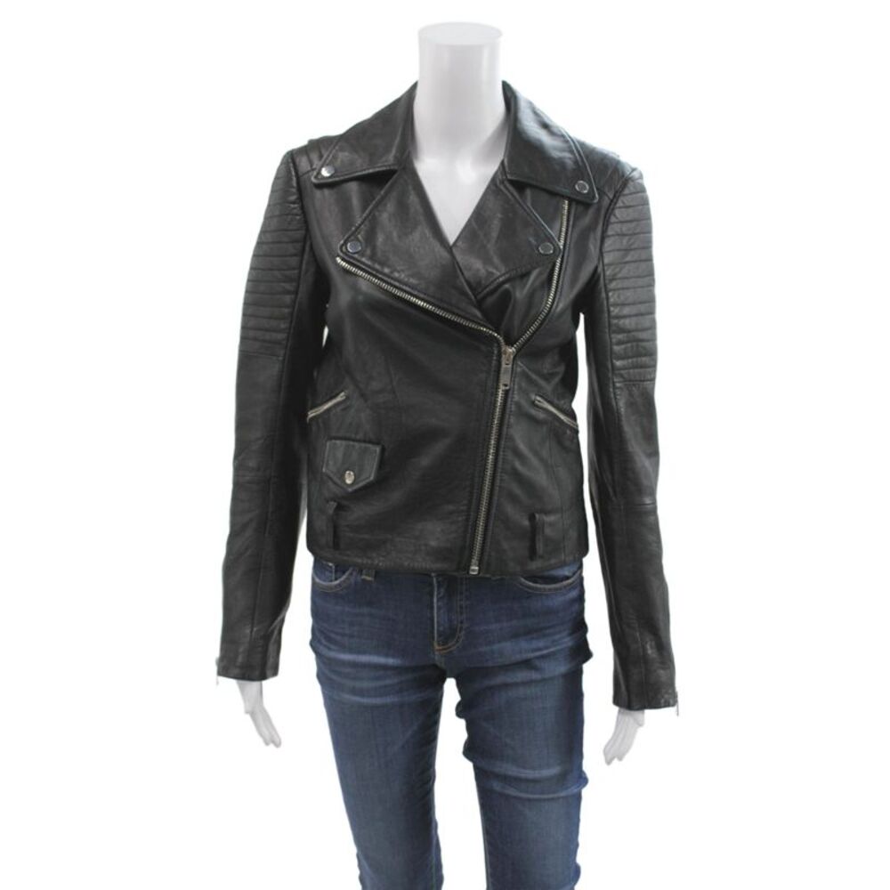 Zara Woman Women Black Biker Sheep Leather Jacket Zip Long Sleeve Size M